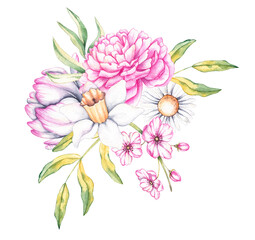 Watercolor bouquet of spring flowers. Watercolor pink bouquet for logo, business cards, social networks, menu, banners, advertising, fabrics, wallpapers, textiles, etc.