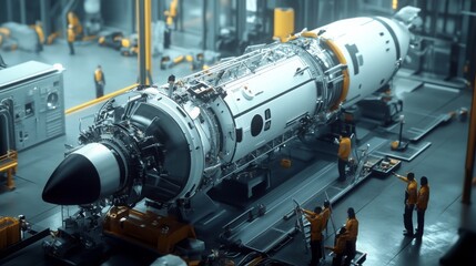A large rocket is being assembled inside a factory, with multiple workers in yellow vests positioned around the rocket, likely preparing it for launch.