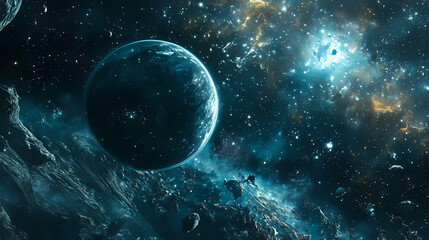 Fototapeta premium Majestic birds-eye view of an enchanted world amidst a cosmic expanse. Space Odyssey. Illustration