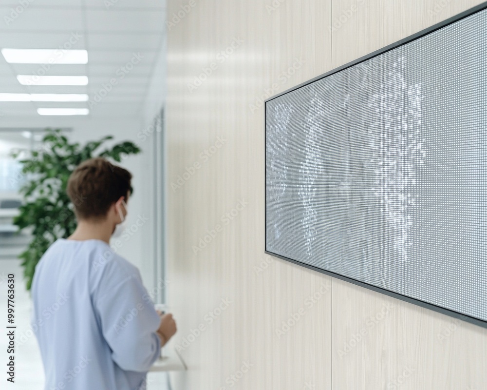 Poster modern clinic with world map display high-tech healthcare professionals in sleek minimalistic enviro