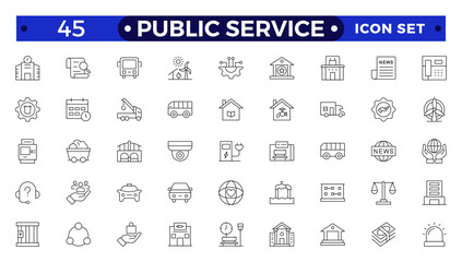 Public service Outline icon collection set. Containing policy, needs, community, government employee, public finance, interest, volunteer, Gas, electricity, water, heating icon.