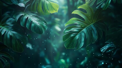 Lush monstera leaves in a dreamy, fantasy forest, bioluminescent glow, ethereal lighting, fantasy theme, horizontal banner format