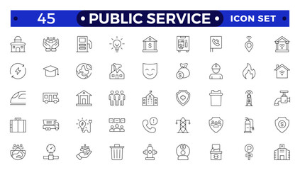 Public service Outline icon collection set. Containing policy, needs, community, government employee, public finance, interest, volunteer, Gas, electricity, water, heating icon.