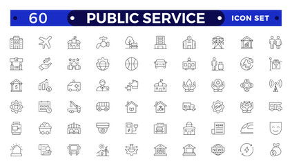 Public service Outline icon collection set. Containing policy, needs, community, government employee, public finance, interest, volunteer, Gas, electricity, water, heating icon.