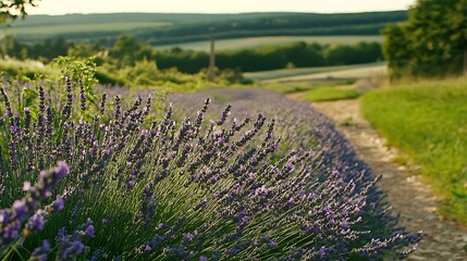 Fototapeta premium Lavender Field Path Landscape With Sunset Glow