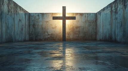 Naklejka premium Christian cross in a blurred background, symbolizing faith, hope, and spiritual guidance. The simplicity of the scene evokes contemplation and connection to divine presence