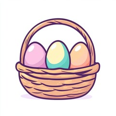 A charming basket filled with three beautifully colored eggs rests on a white background, captured in a flat design style with soft pastel hues
