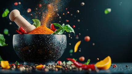 A dynamic scene featuring a mortar and pestle surrounded by vibrant spices and herbs. Colorful ingredients burst in the air, showcasing culinary creativity and flavor.