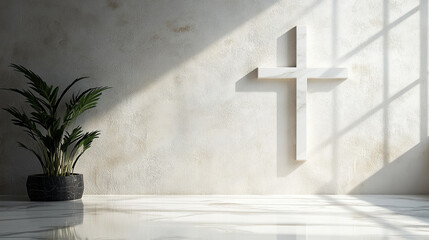 Fototapeta premium Christian cross in a blurred background, symbolizing faith, hope, and spiritual guidance. The simplicity of the scene evokes contemplation and connection to divine presence