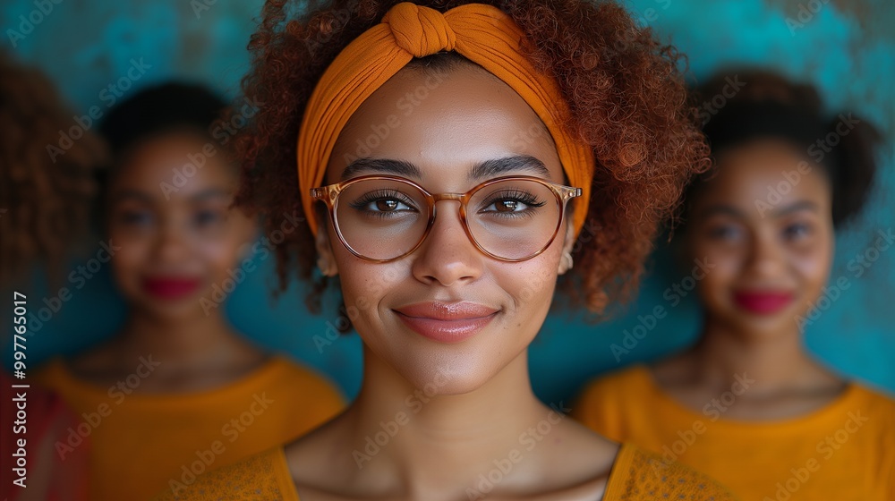 Wall mural Close-up portrait of a young woman with curly hair and orange headband smiling against a blue background.