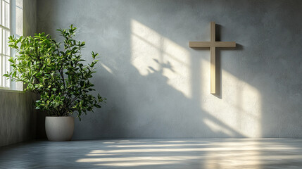 Naklejka premium Christian cross in a blurred background, symbolizing faith, hope, and spiritual guidance. The simplicity of the scene evokes contemplation and connection to divine presence