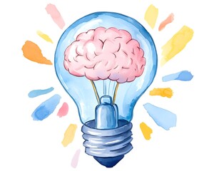 A watercolor light bulb with a brain-shaped filament, pulsating with energy, surrounded by abstract colorful splashes, representing the birth of ideas