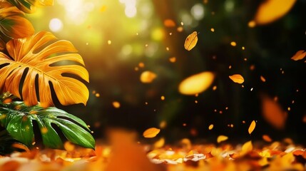 Monstera leaves in fall colors, surrounded by softly falling leaves, a blurred forest in the background, dreamlike atmosphere, cinematic depth of field