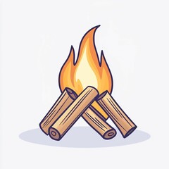 simple line drawing features a bonfire with vibrant flames rising above stacked logs, set against a clean white background in pastel tones