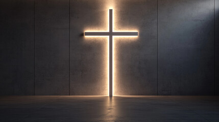 Naklejka premium Christian cross in a blurred background, symbolizing faith, hope, and spiritual guidance. The simplicity of the scene evokes contemplation and connection to divine presence