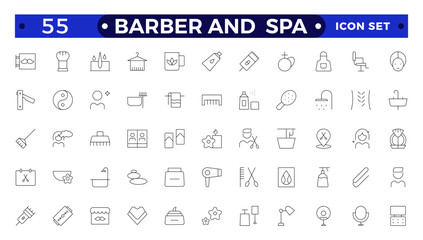 Barber and  spa icons in line style. Pixel perfect, minimalistic web and UI icon. Containing sauna, aromatherapy, treatment, yoga, skincare and wellness icons. Outline icon collections.