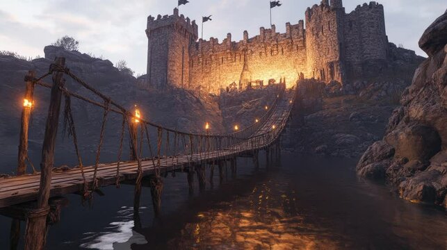 A large castle sits atop a rocky hill overlooking a wooden bridge over water. Flags fly from the castle walls.
