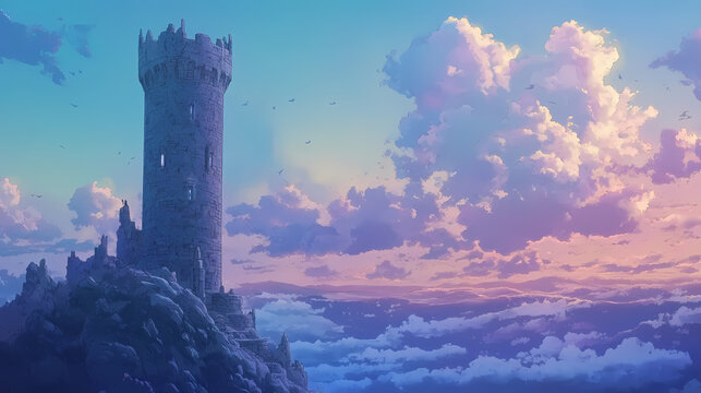 Soft pastel anime style breathtaking panoramic view of a wizards tower background. Wizard's Tower. Illustration