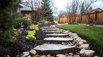 Naklejka premium A serene garden pathway lined with stones, gravel, and vibrant plants, inviting relaxation and connection with nature.