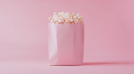 A pink paper bag full of popcorn on a pink background.