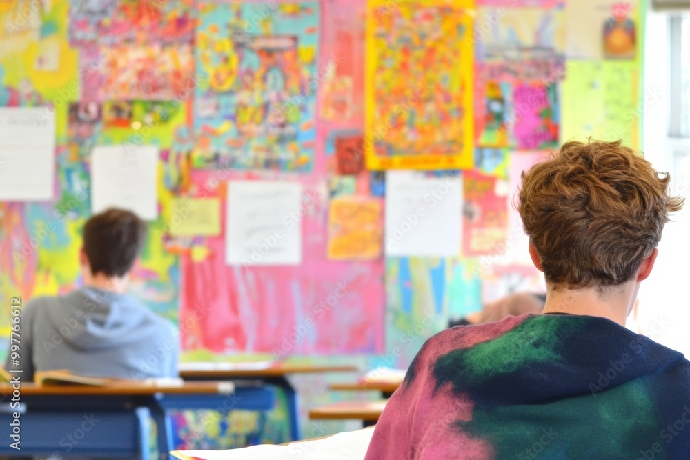 Poster vibrant classroom scene with students studying in colorful environment