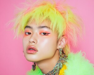 Fototapeta premium Vibrant E-Girl Aesthetic Teenage Girl with Neon Hair and Bright Makeup in Classroom
