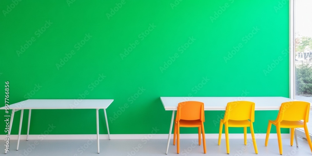 Poster modern classroom with colorful chairs and minimalist design featuring bright green wall and large wi
