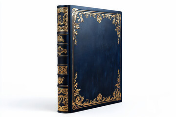 Book mockup hardcover novel with an elegant dark blue cover and gold embellishments on isolated white background.