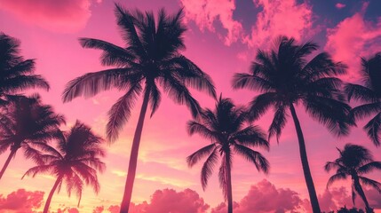 Obraz premium Tall palm trees silhouetted against a vivid pink sky at sunset with soft clouds adding depth to the tropical scene