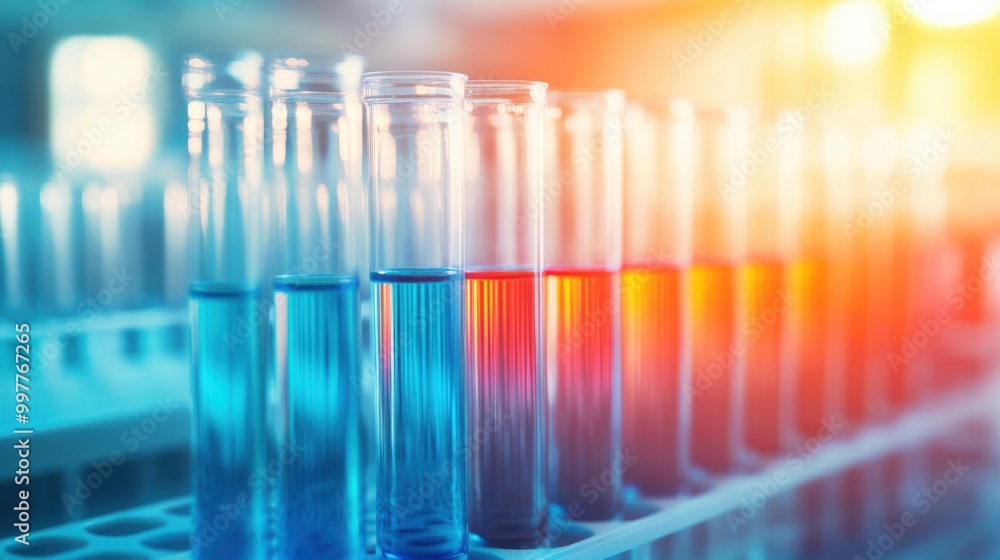 Poster test tubes containing bright red and blue liquids are arranged in a rack within a laboratory setting