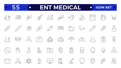 ENT Medical outline Icon, also includes ear, nose, throat, Headache, Runny Nose, Cough, Sore Throat, hearing kit, Hearing Report, Breathing, Thyroid. Ear Nose Throat thin line icons.