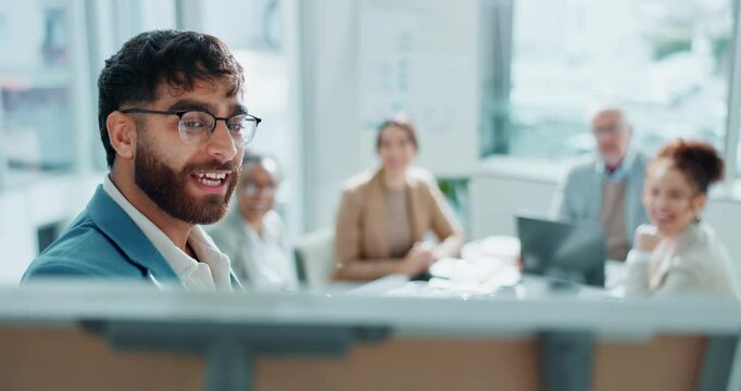 Businessman, whiteboard and meeting with team in applause for presentation, well done or good job at office. Man or speaker talking to group of employees clapping for success or speech at workplace