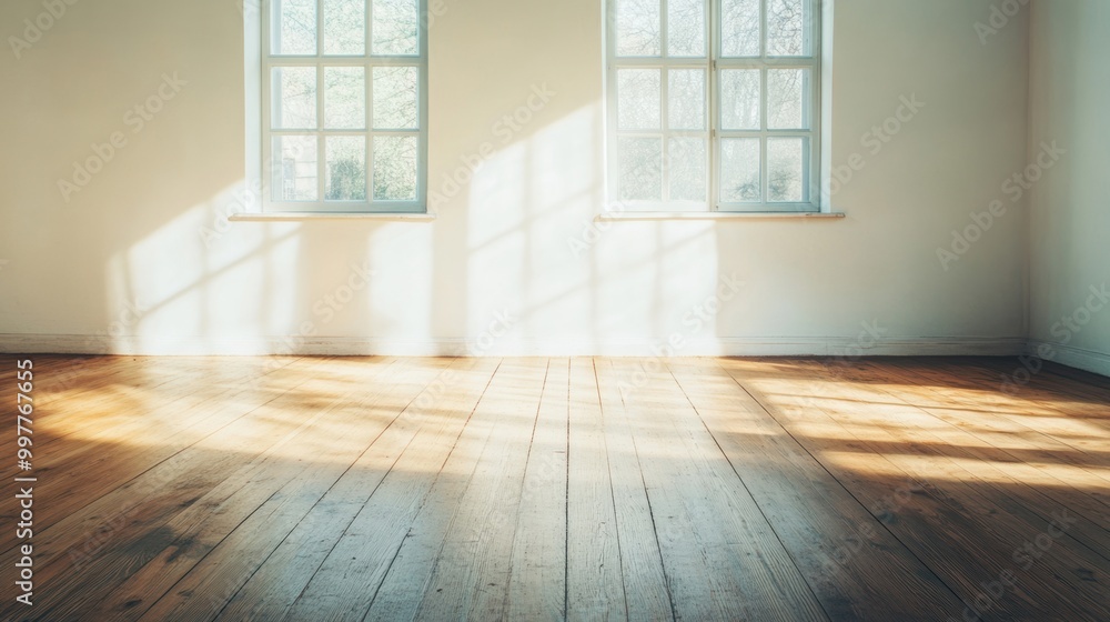 Poster sunlight streams through large windows, casting soft shadows on the wooden floor of an empty, minima