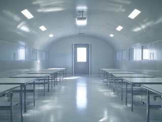 Futuristic Y2K-Inspired Classroom with Chrome Desks and Metallic Textures in an Illuminated Space
