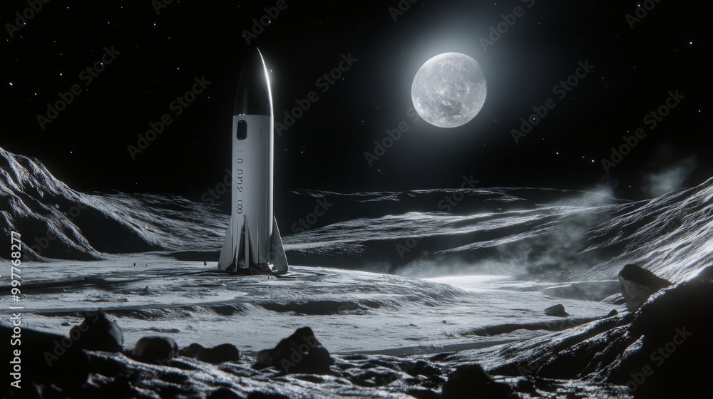 Poster a sleek rocket stands majestically on the moon's rugged terrain, illuminated by a full moon. stars d
