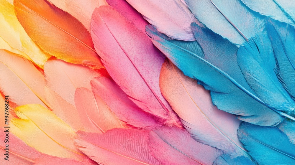 Poster bright and colorful bird feathers display a beautiful array of pink, blue, and orange hues, highligh