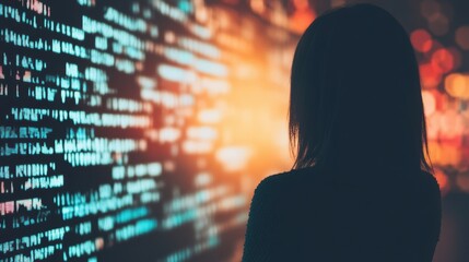 In a dimly lit environment, a young woman focuses intently on vibrant digital data visualization, exploring new information and insights