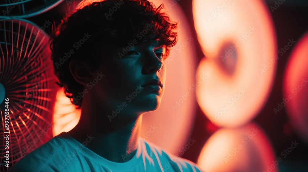 Poster a young man is captured in a moment of reflection, surrounded by multiple fans that create an atmosp