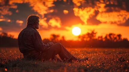 A farrier pausing to rest after a long day of shoeing horses, with the sun setting in the background