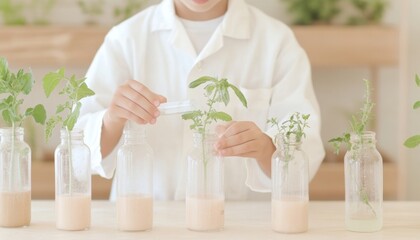 Curious Young Boy in Lab Coat Conducting Plant Experiment in Bright, Sunlit Science Lab