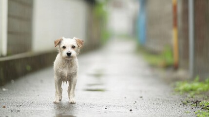 A wet dog stands alone in a narrow, rainy alley, enjoying the droplets falling on its fur while exploring the surroundings