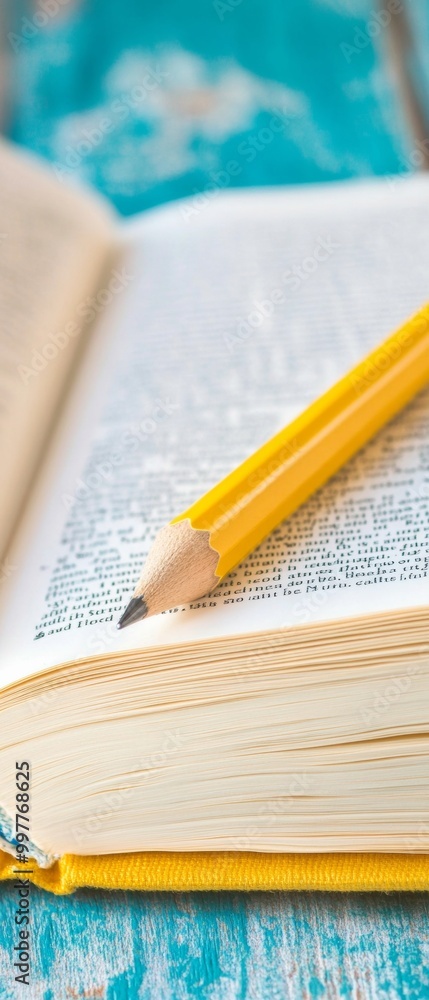 Poster study tools close-up open textbook with yellow pencil on vibrant surface