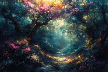 Fototapeta premium Mystical Forest Pathway with Vibrant Flora and Light