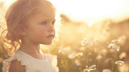 A young girl with curly hair enjoys a tranquil moment in a vibrant flower field illuminated by sunlight, surrounded by nature's beauty