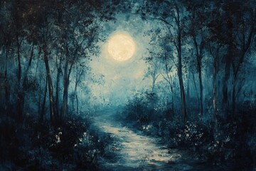 Fototapeta premium Tranquil Moonlit Path Through Dark Forest