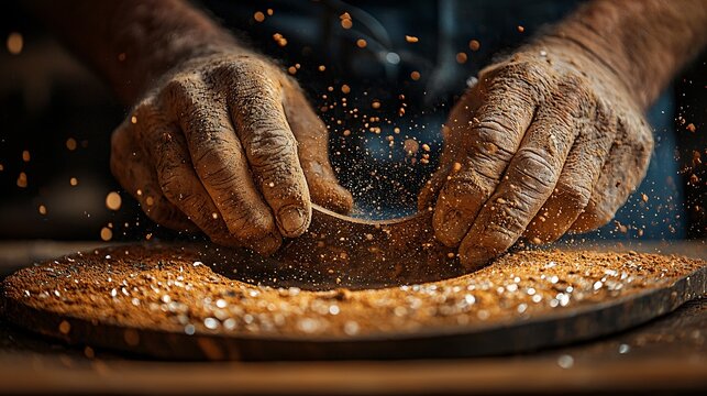 A farrier using a rasp to fine-tune the fit of a new horseshoe, with dust flying