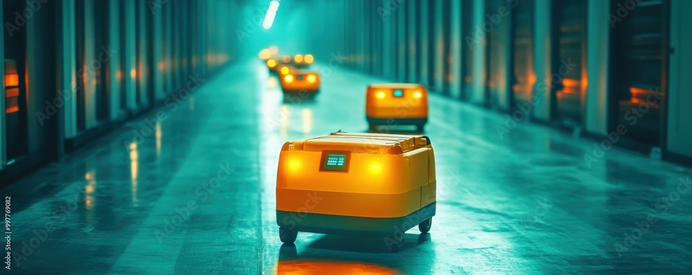 Poster efficient automated packaging robots sorting and boxing diverse products in modern warehouse facilit