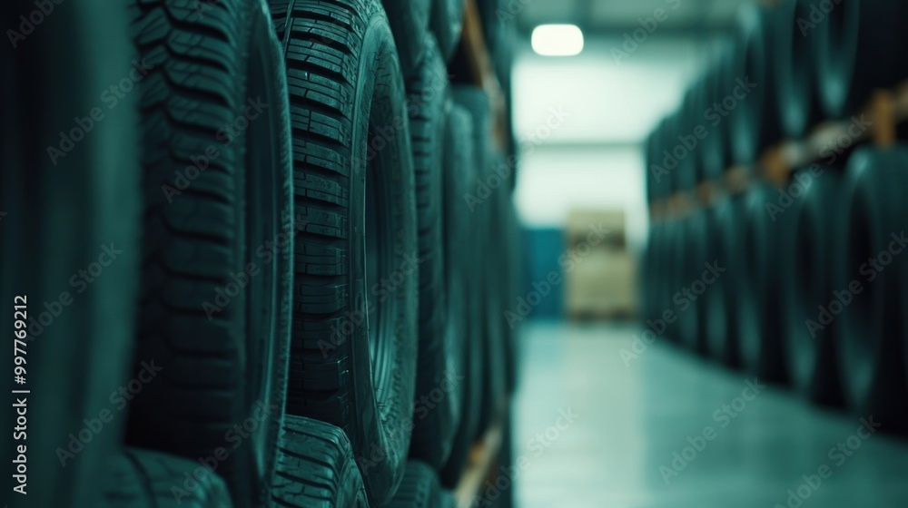 Poster an interior view of a warehouse featuring neatly arranged rows of tires on racks, highlighting effic