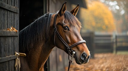 Fototapeta premium A horse looking down at the farrier while its hoof is being worked on, with tools scattered around
