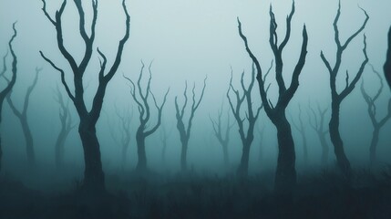 A misty forest scene featuring stark, leafless trees silhouetted against a foggy background, creating a haunting and eerie atmosphere.